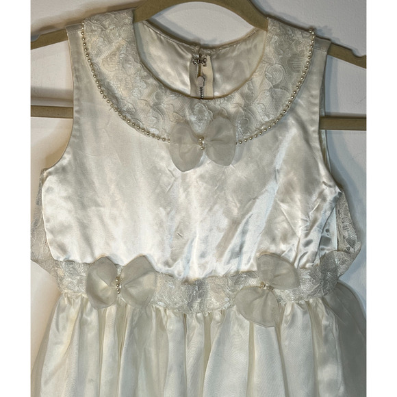 First Communion Dress Girls Size M White Sheer Lined Bows Peals Lace Satin Trim - Picture 8 of 16